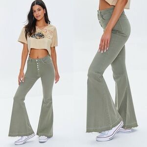 F21 Long High-Rise Flare Jeans Button Fly Released Hem Bell Bottom Olive 28 NWT